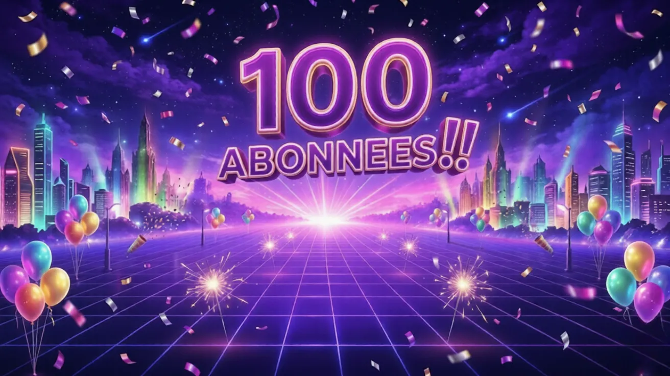 Een feestelijke paarse synthwave achtergrond met grote 3D-letters '100 ABONNEES!!', versierd met ballonnen, confetti en vuurwerk sterretjes.